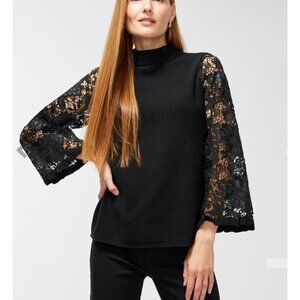 Chico's  Crochet Lace Sleeve Black Pullover Sweater Size XL